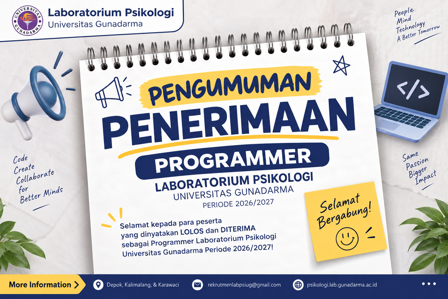 PENGUMUMAN HASIL SELEKSI PROGRAMMER LABORATORIUM PSIKOLOGI UNIVERSITAS GUNADARMA PERIODE 2026/2027